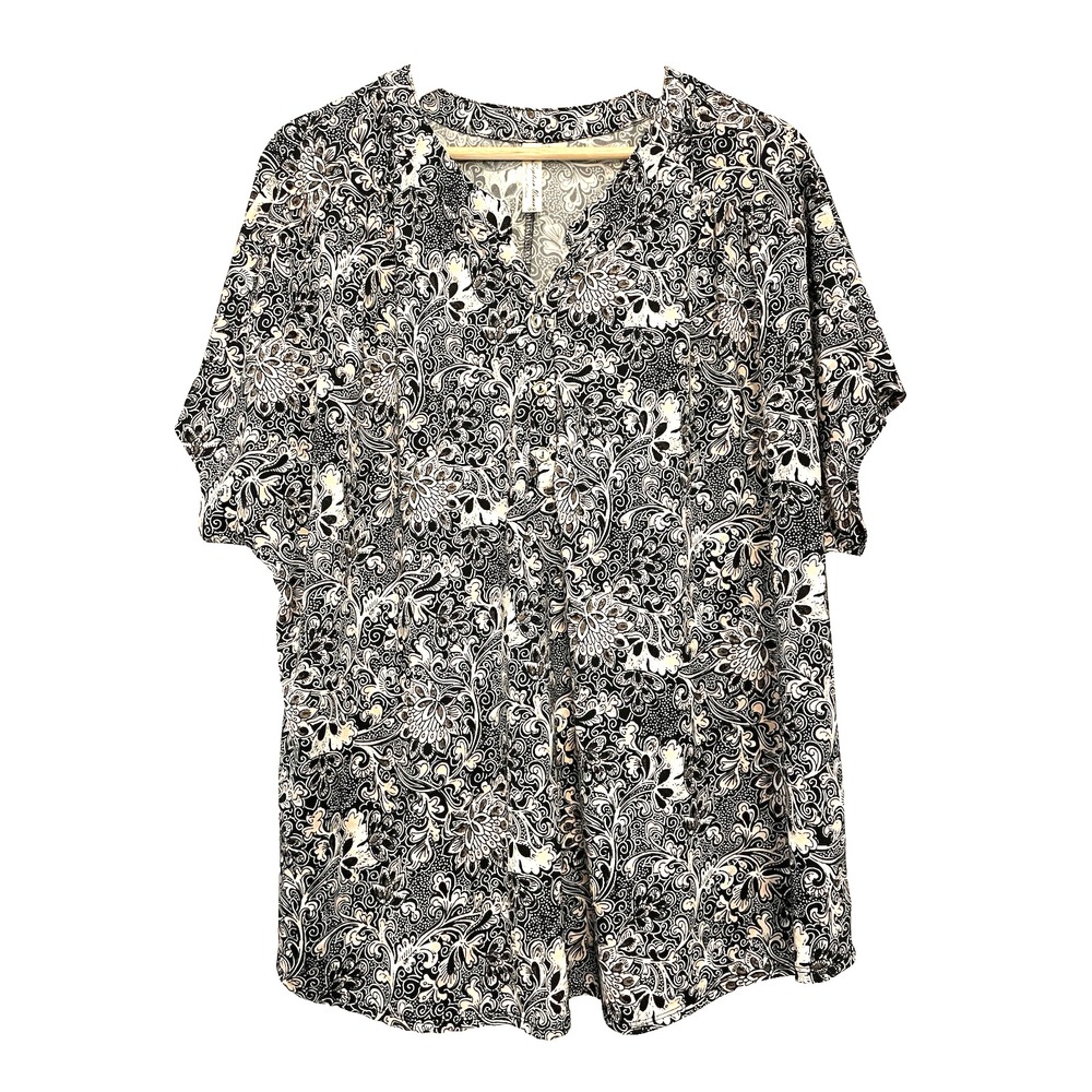 PerSeption Women's Plus 3X Black‎ Floral Short Sleeve Blouse Button V-Neck Top